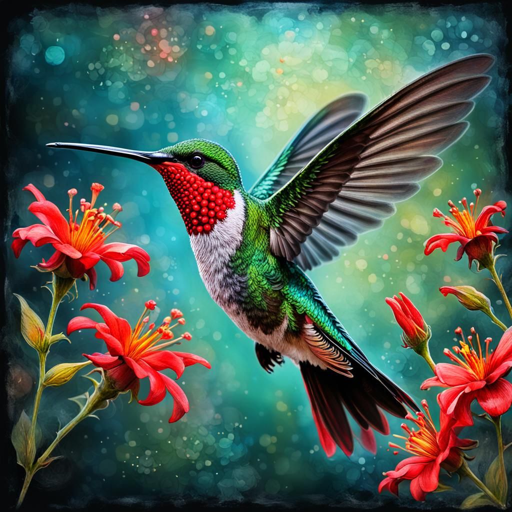 a humming bird in flight with beautiful red flowers Kelly Freas tetradic colors lyrical abstraction chalk ...  by @Patsy 