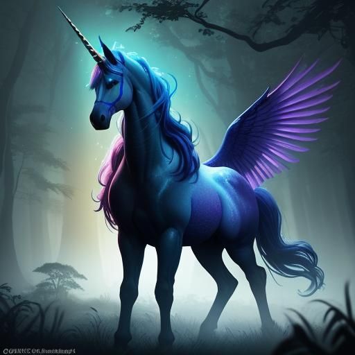 Unicorn with Rainbow Wings in Enchanted Forest