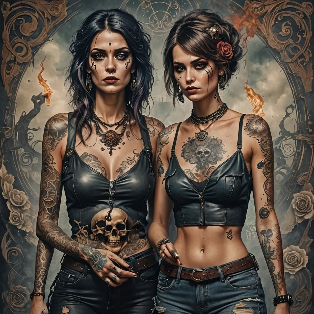 2 femmes tatouées entirerement de squellette et tetes de mor...