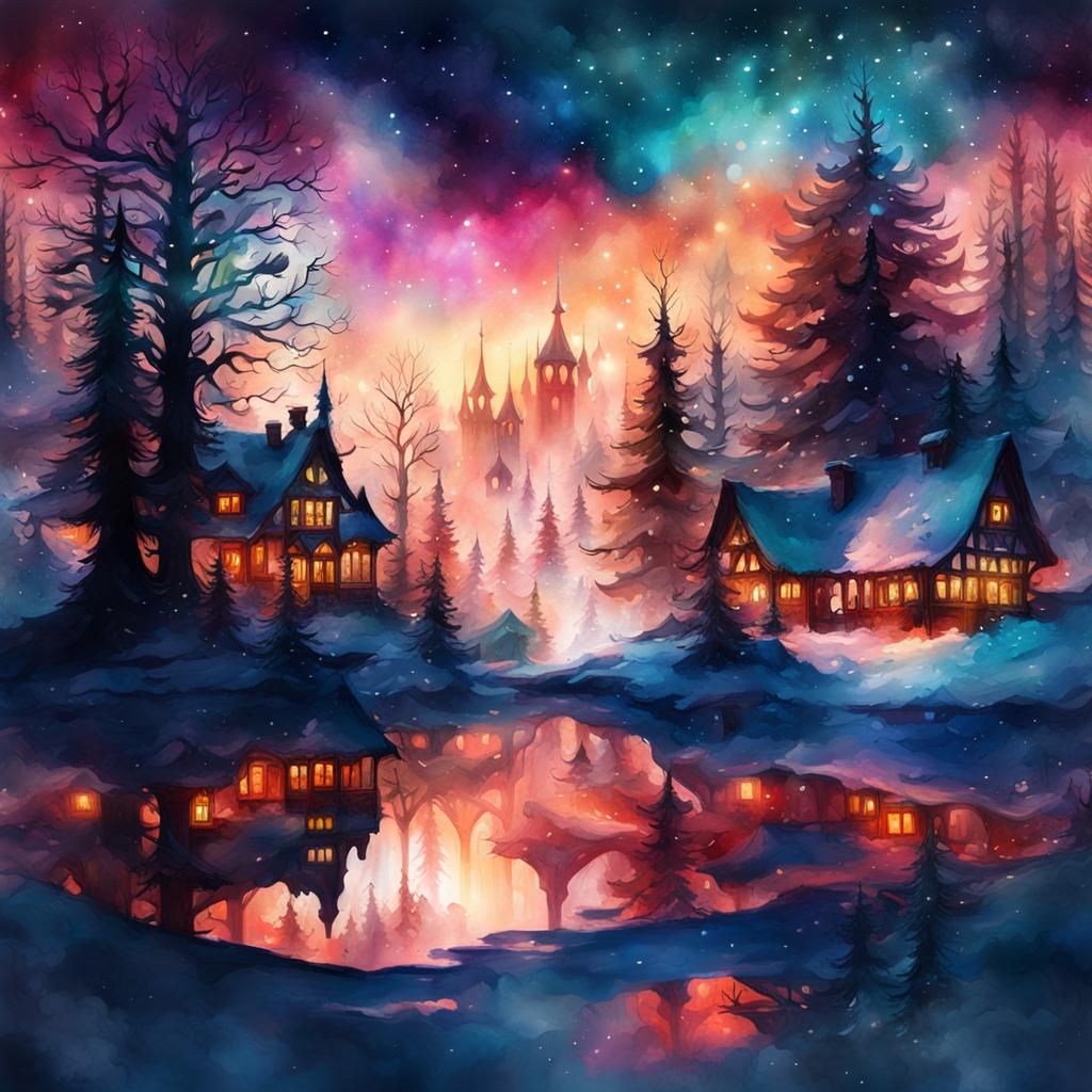 Fantasy Christmas Double Exposure Watercolor Art