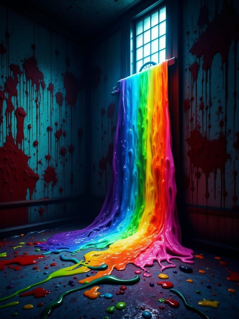 Eerie Room with Rainbow Slime and Bloodstains