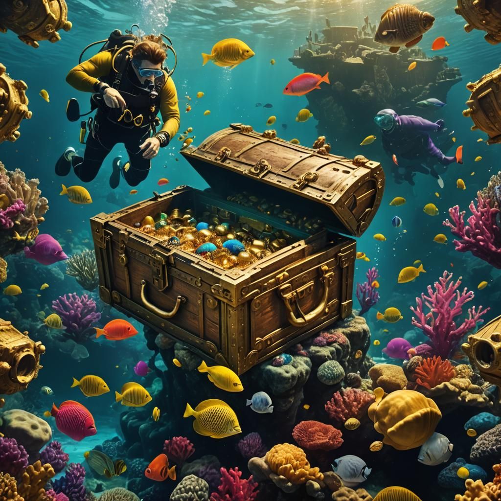 Underwater open treasure chest of gold with diver and bright...