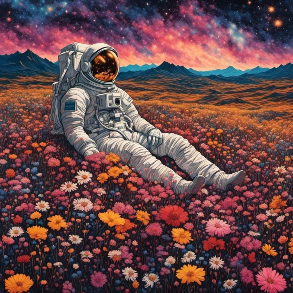Astronaut laying in a flower field