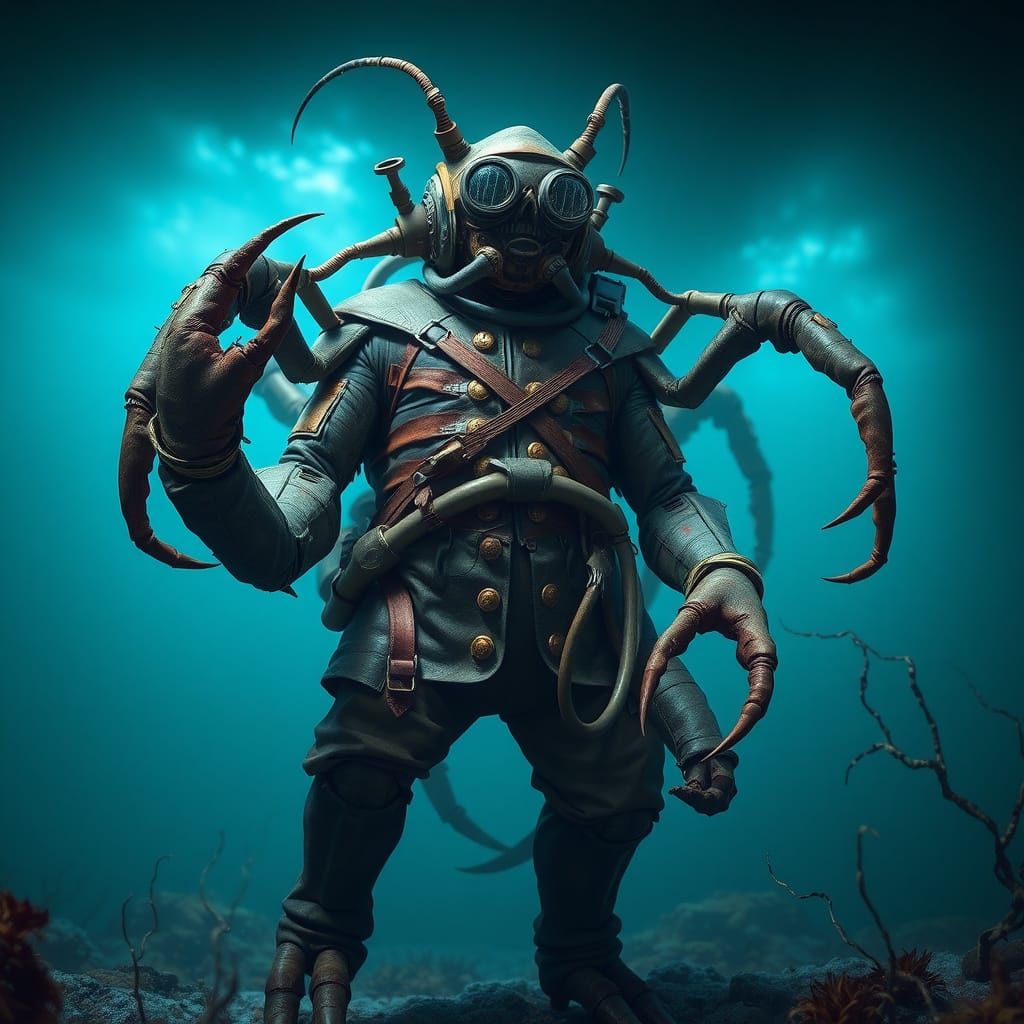 Crustacean Cyborg Diver in Abandoned Underwater Lair