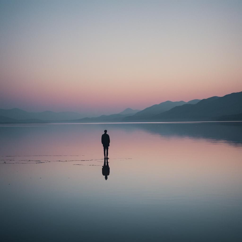 A minimalist photo capturing a solitary figure reflected in ...