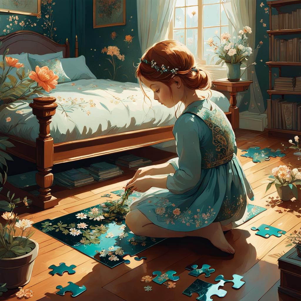 Girl, Kitten, and Flower Puzzle: Digital Art