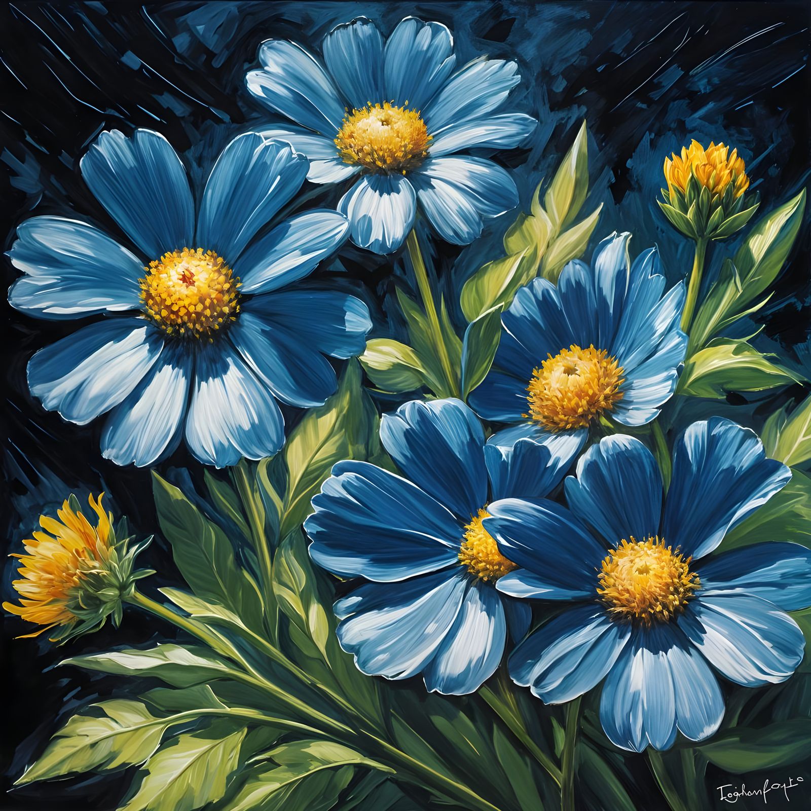 Eine leuchtend blaue Blume, die in einem dunklen Wald blüht.  by @Londo Mollari