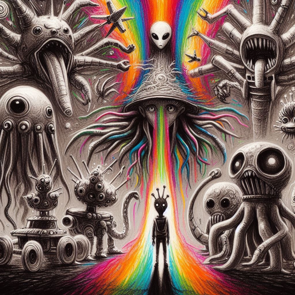 surreal dandelions  child's drawing of A haunted house   , rayograph Man Ray collection of random b&W objects, light reflecting, things laid...