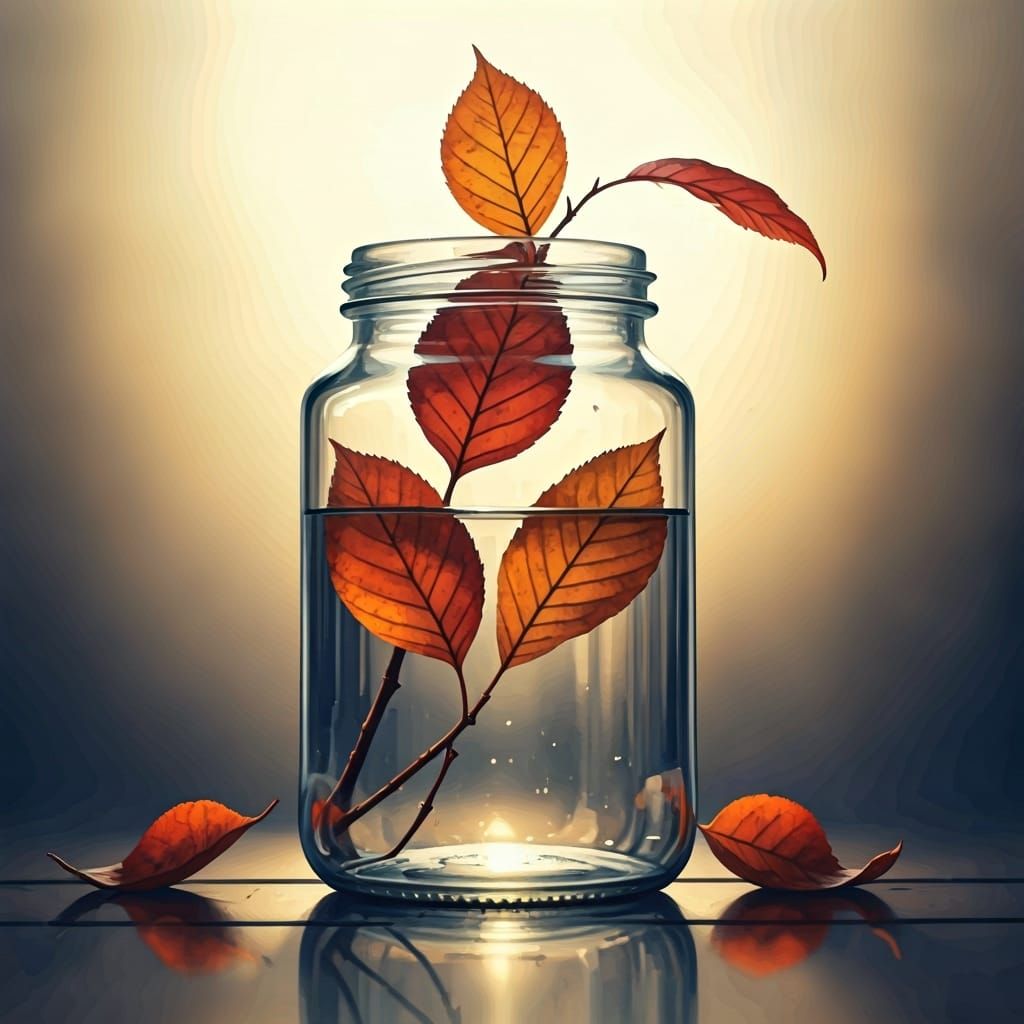 Watercolor Jar with Autumn Leaves Reflection