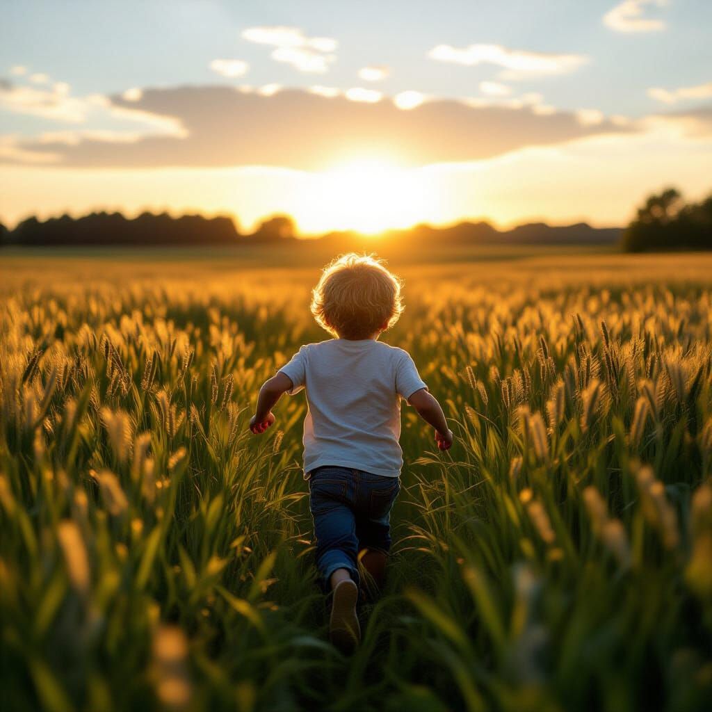 Child Running Freely in Open Fields: Cinematic 35mm Film