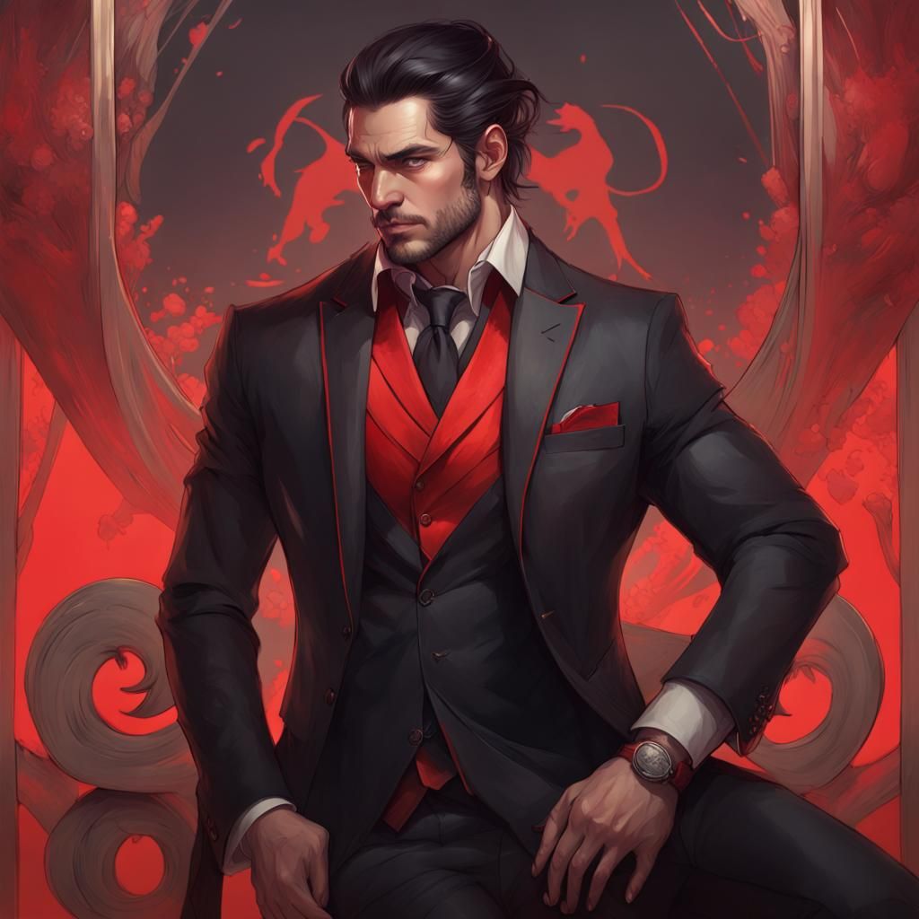 (Handsome man with slicked black hair wearing a black and red suit:1.0 ...