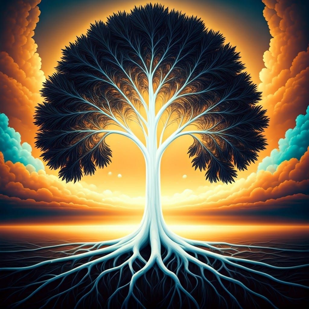 Mystical Tree with White Trunk and Black Leaves