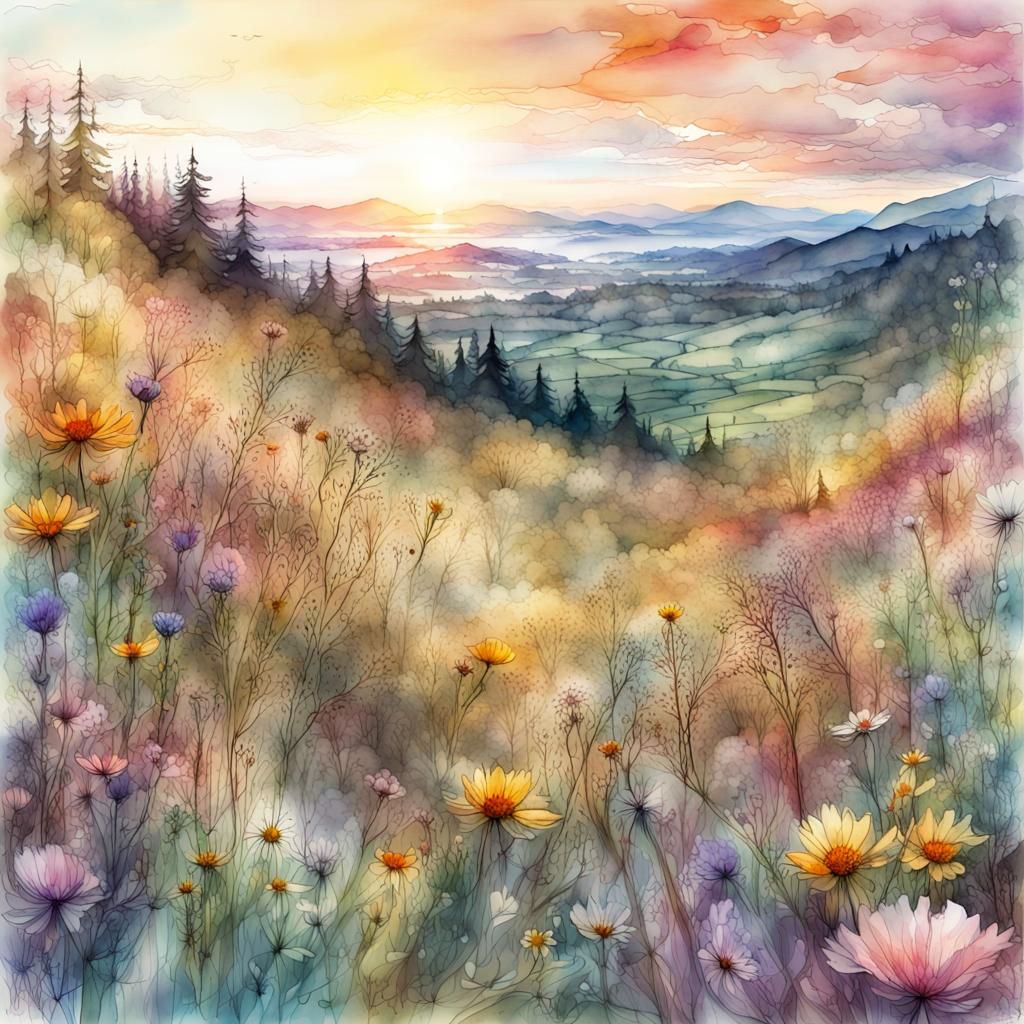 Digital watercolor wildflower hillscape Illustration filled with ...