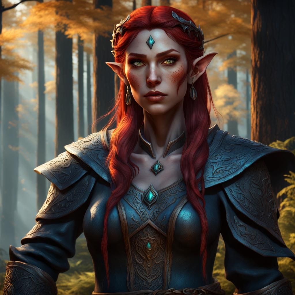 DND character, female wood elf sorcerer, with red hair - AI Generated ...