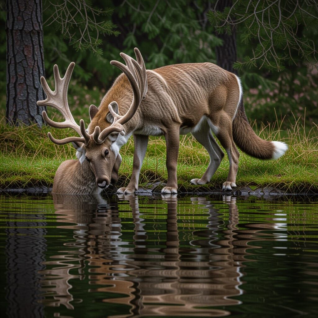 Lion Cub Reflected Over Dark Forest Lake