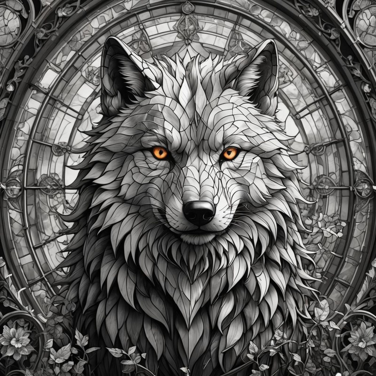 black and white stained glass shining hairy wolf furry wireframe ...