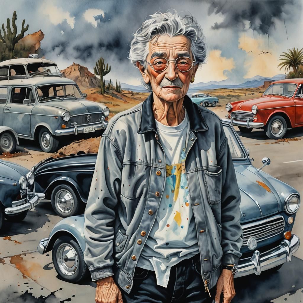 whimsical watercolor of a messy grey haired, slightly freckl...