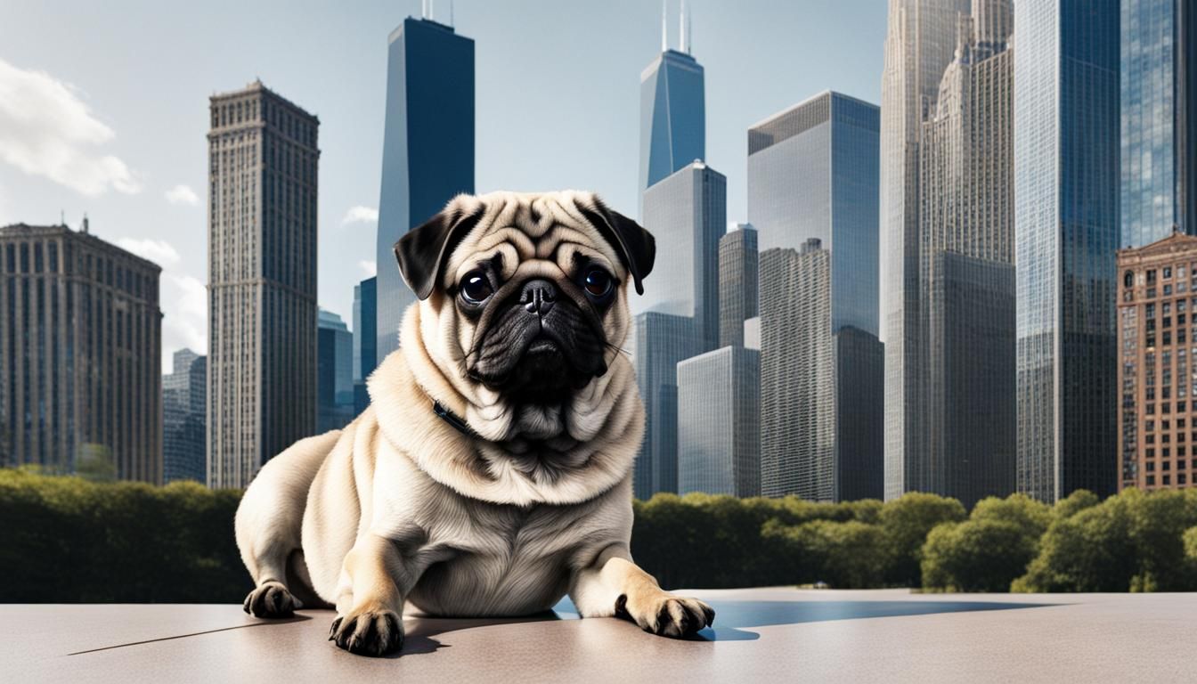 pug, chicago skyscrapers, realistic AI Generated Artwork NightCafe Creator