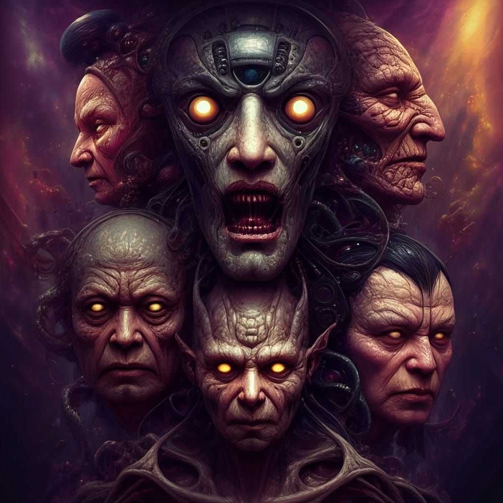 Dark Fantasy Mosaic of Monstrous Faces in Cyberpunk Style
