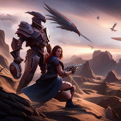 A Valiant Knight defending a beatifull woman from beasts