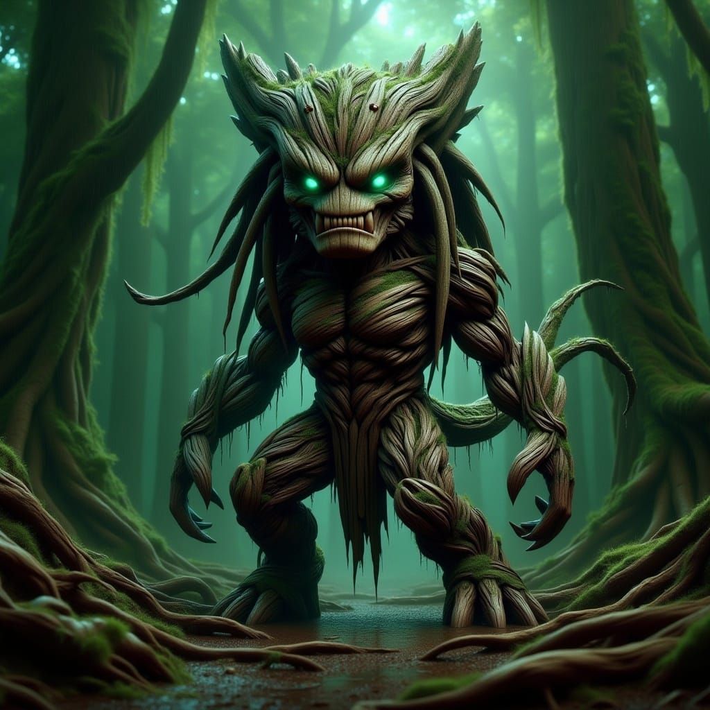 <lora:-Entimals-:1.0> Grunge, ultra-detailed, raw conceptual scene ▪ A tiny version of a chibi Yautja Predator as a ninja, stealthily sneaki...