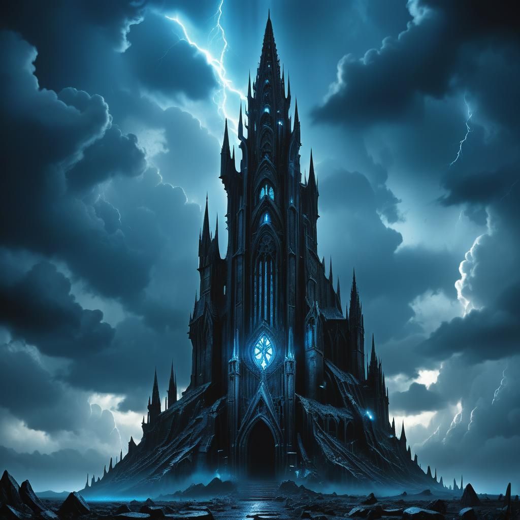 Gothic Spire Amidst Stormy Skies in Digital Painting