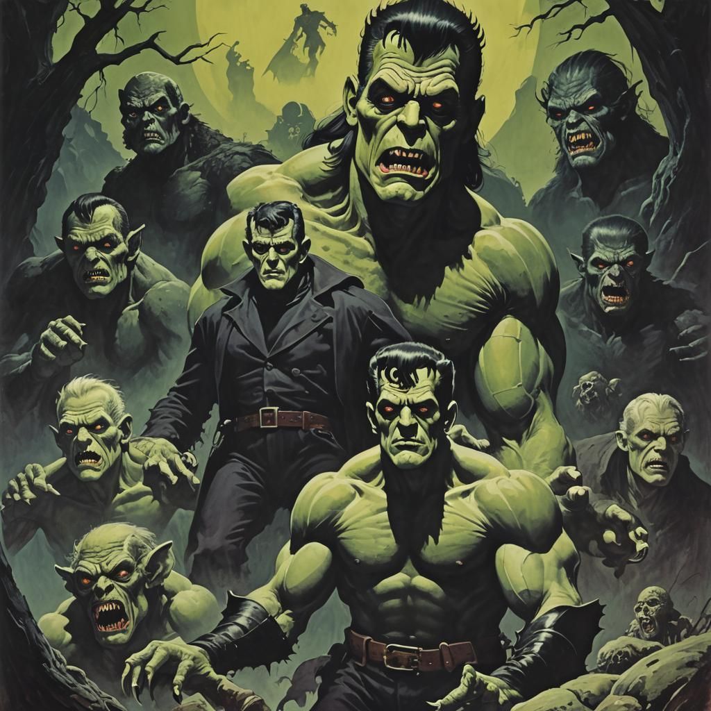 retro Frank Frazetta style dark fantasy horror movie poster featuring Frankenstein, the wolf man, Dracula, creature from the black lagoon