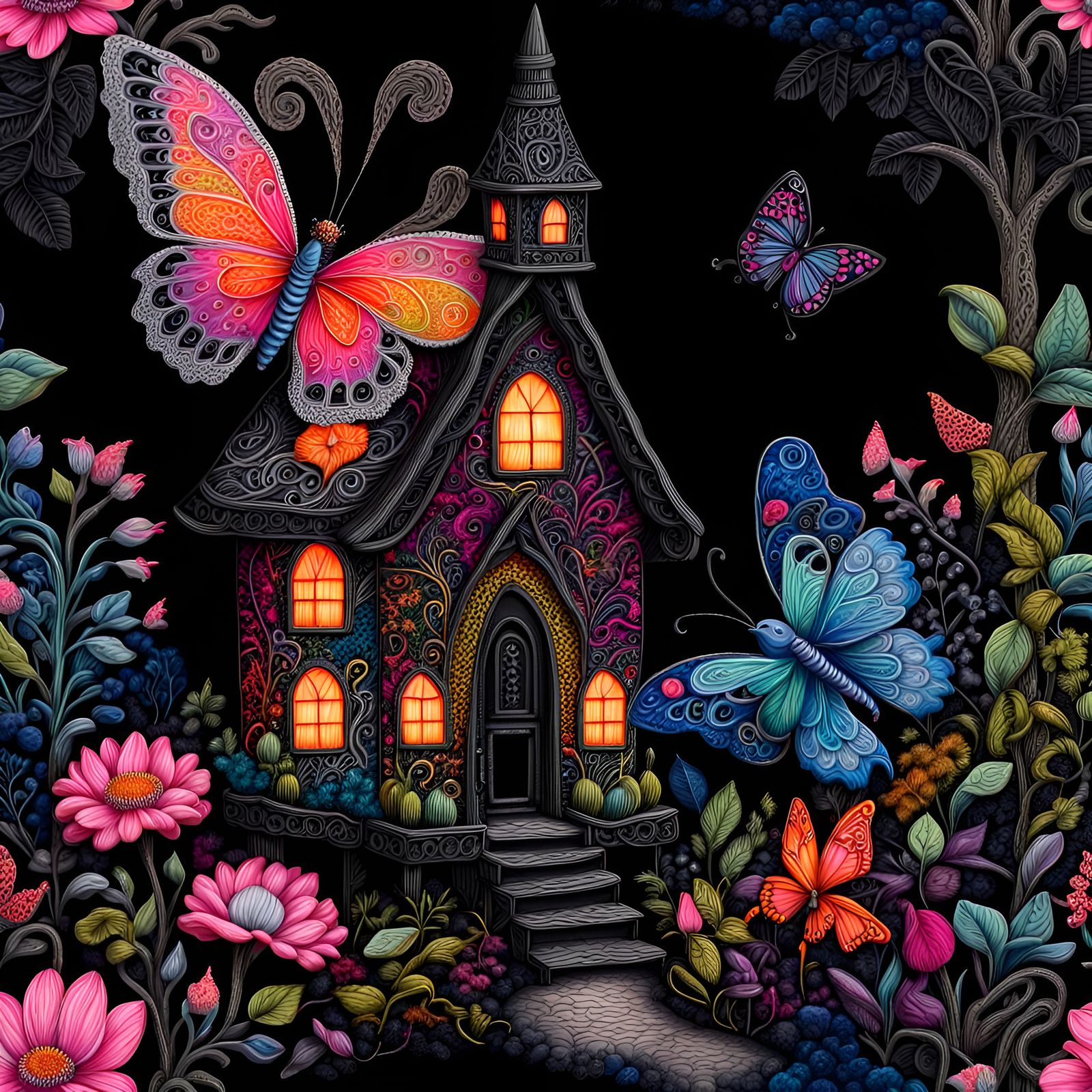 Prismatic neon painted on black velvet,  Fantasy fairy house...