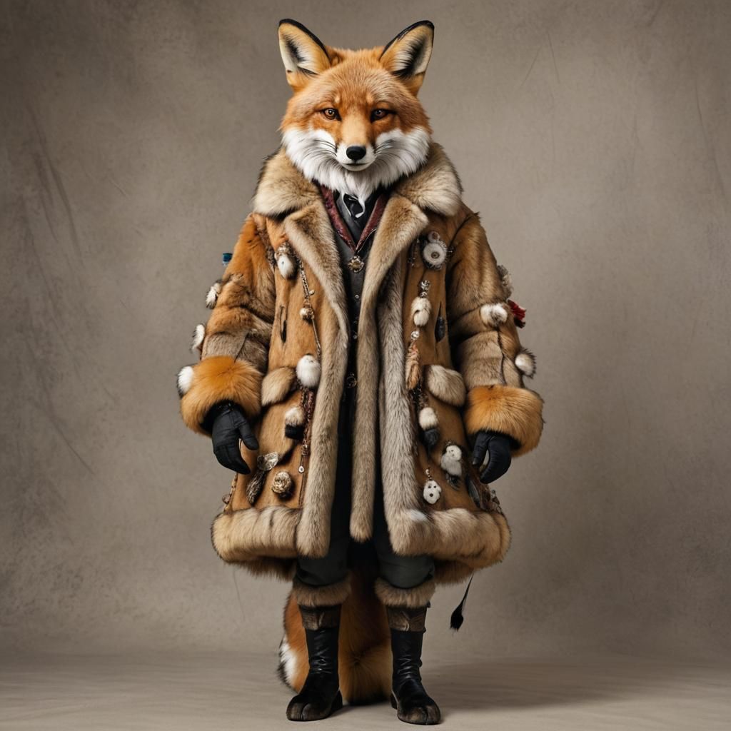 Full length shot of an anthromorphic red fox, decorated armm...