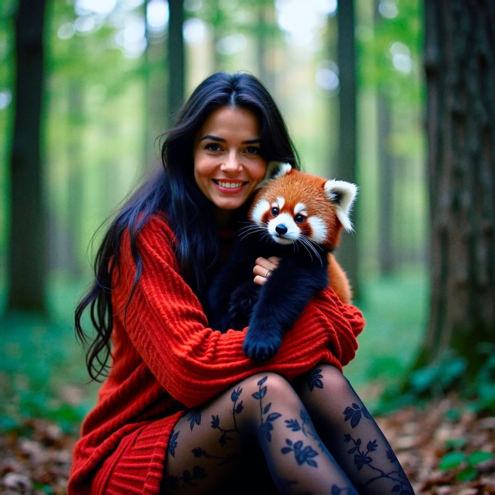 Woman cradling red panda