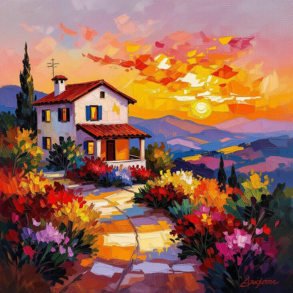 Acrylic Painting of House at Sunset with Impasto Style