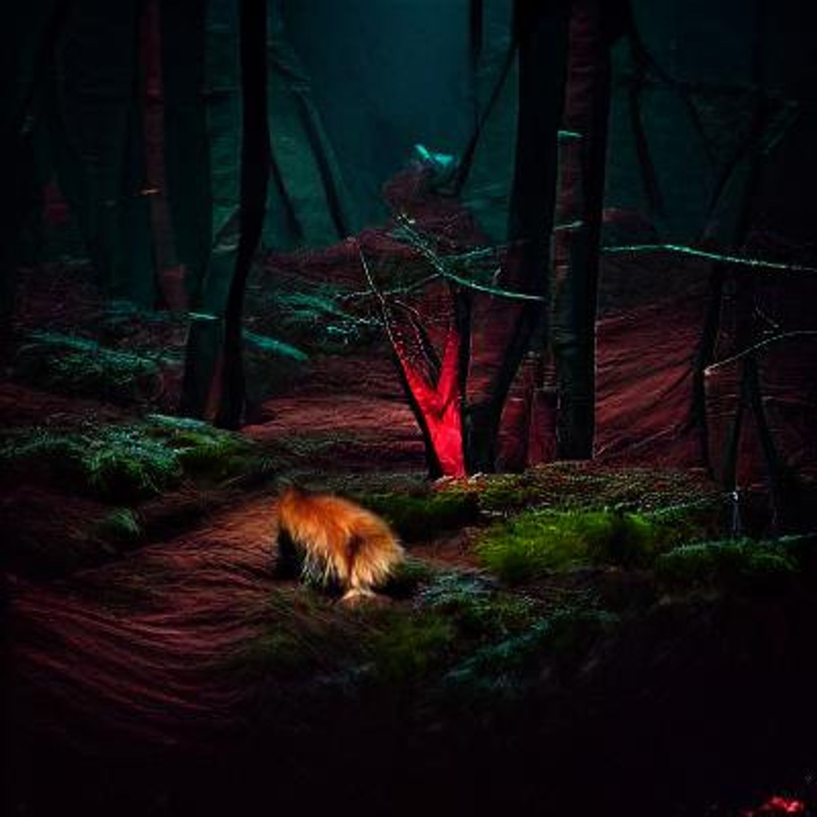 red lit forest