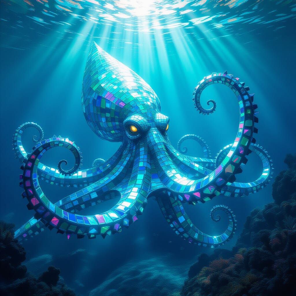 A colossal, ancient kraken made of iridescent sea glass shards. Mosaic 3d  by @Momagirl