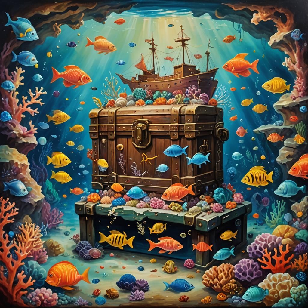 Shipwreck undersea, treasury box, expensive jewelry, colorful undersea ...