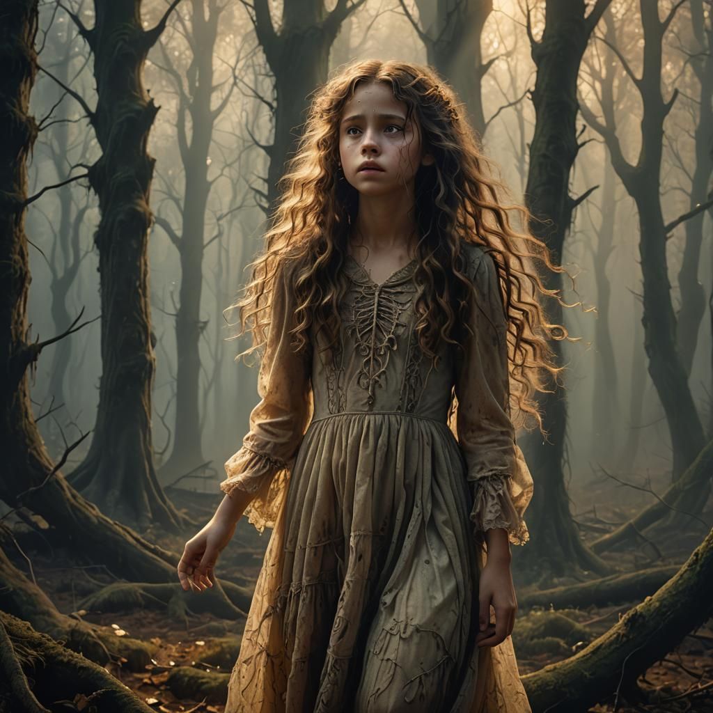 Crying Girl in Haunted Forest, Matte Painting