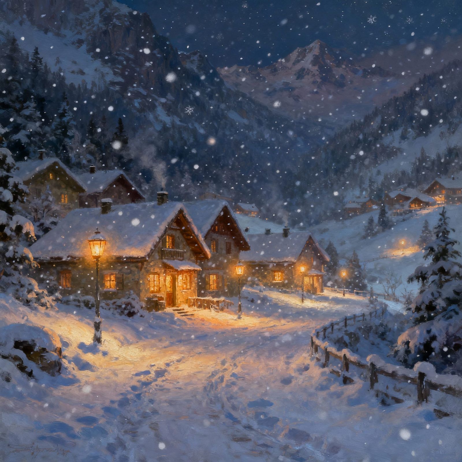 A snowy alpine village glowing with lanterns at night. snowy atmosphere, high details, smooth textures, ...  by @Horse-T