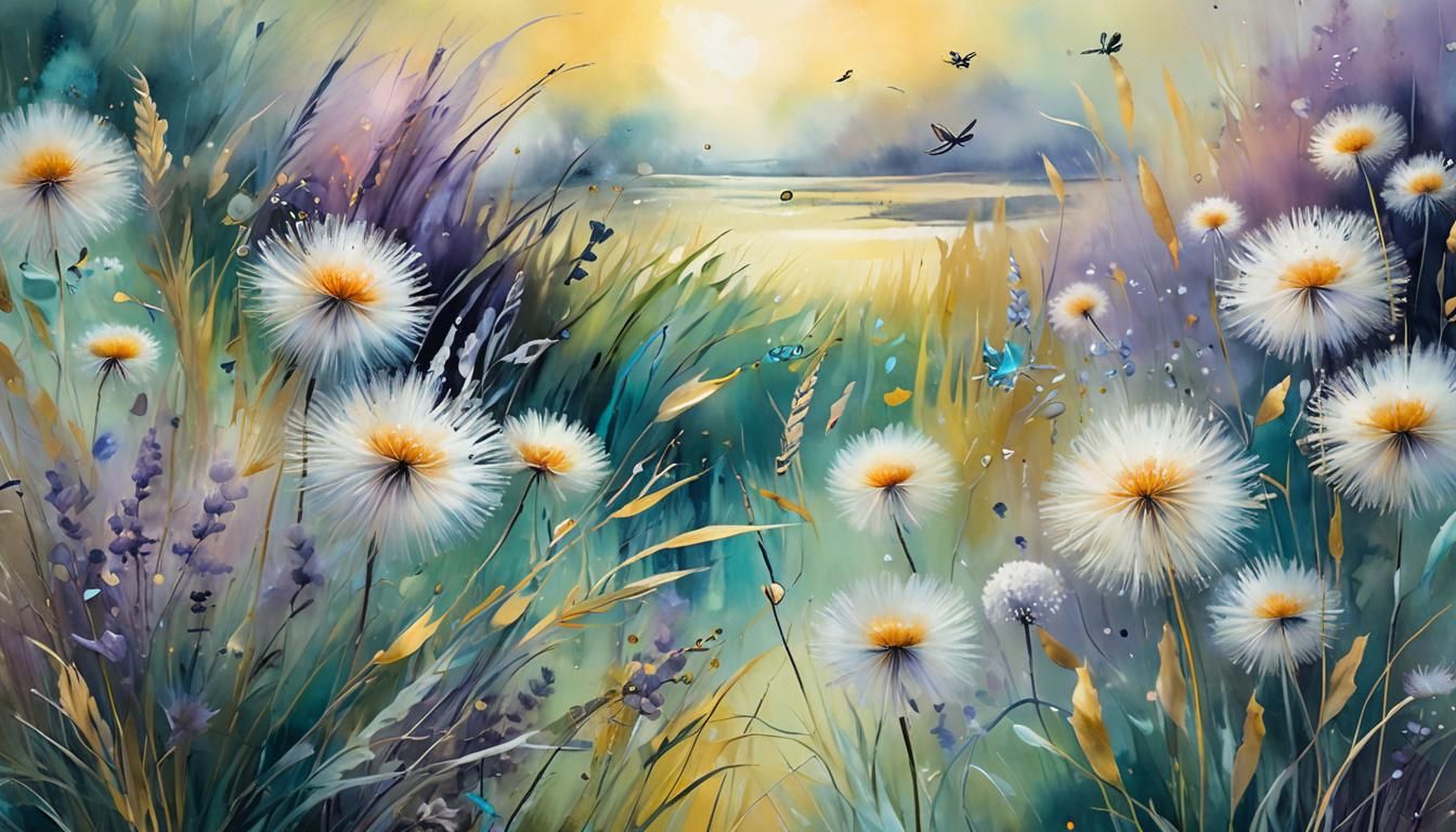 Pastel abstract Whispers of grasses and dandelions near wate...
