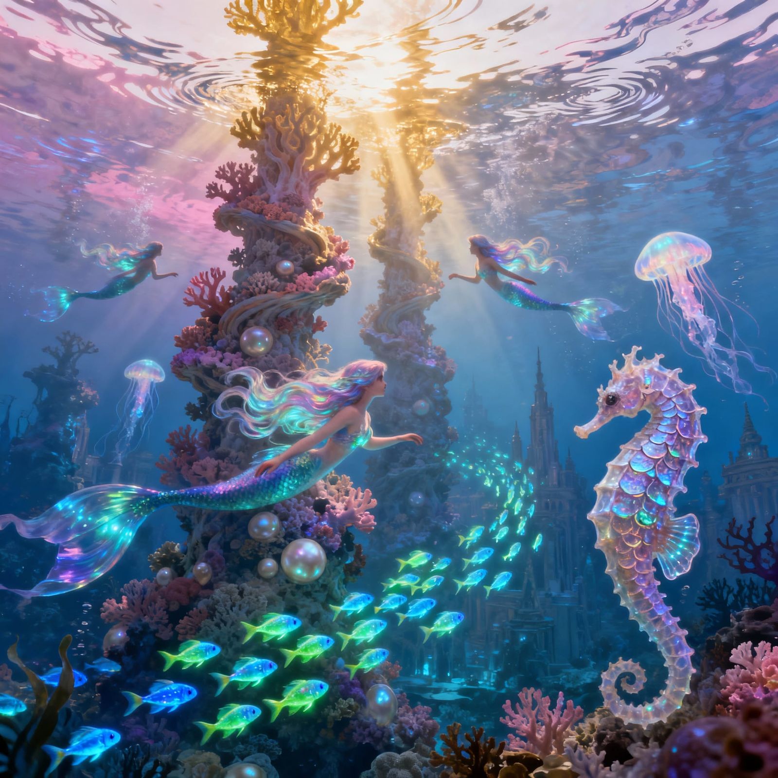 A serene underwater cityscape where coral reefs have grown into towering structures, inhabited by merfolk ...  by @Roberto Arame