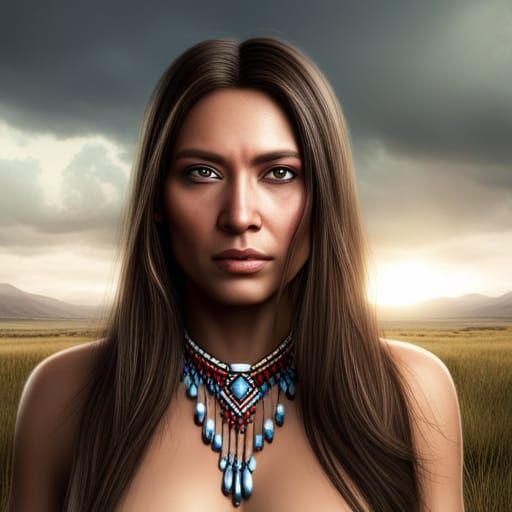 Native American woman with brown hair and light brown eyes