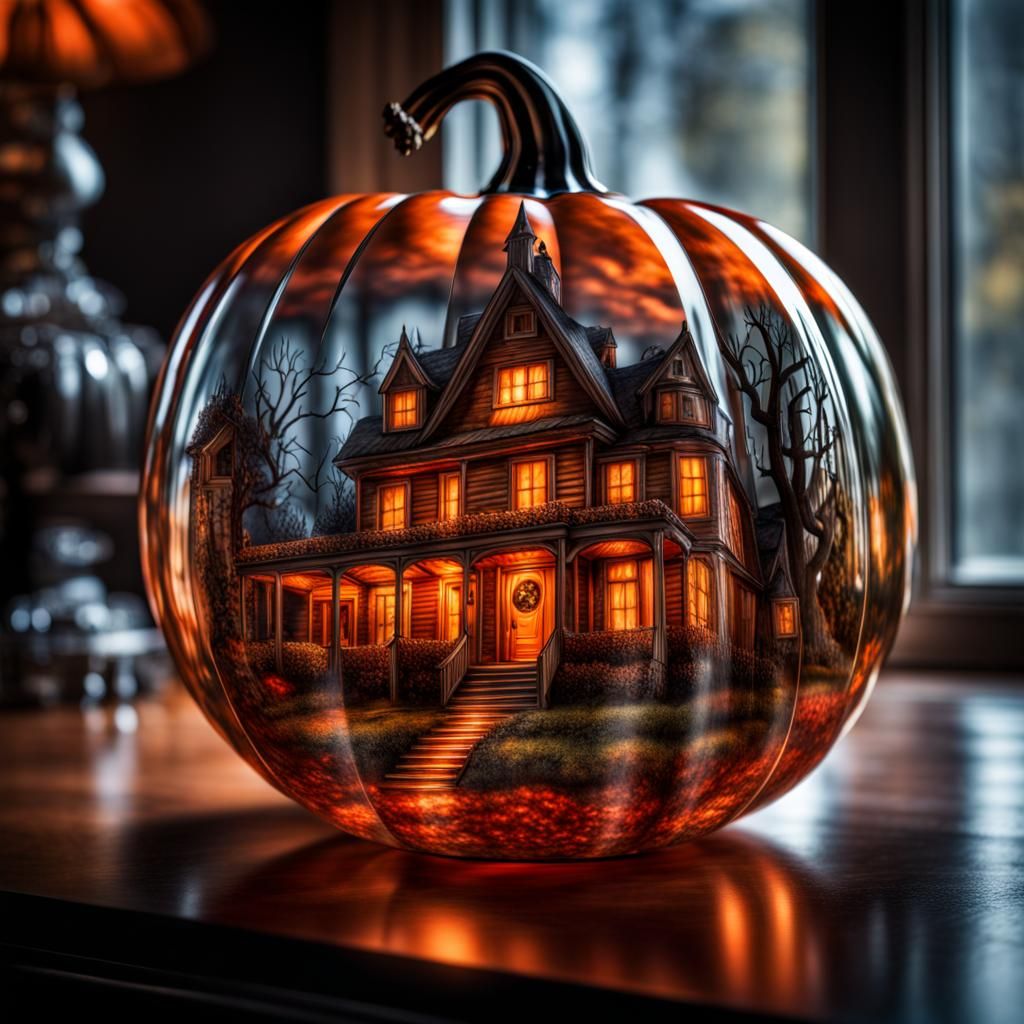 A large elegant glass pumpkin with a spooky scene inside