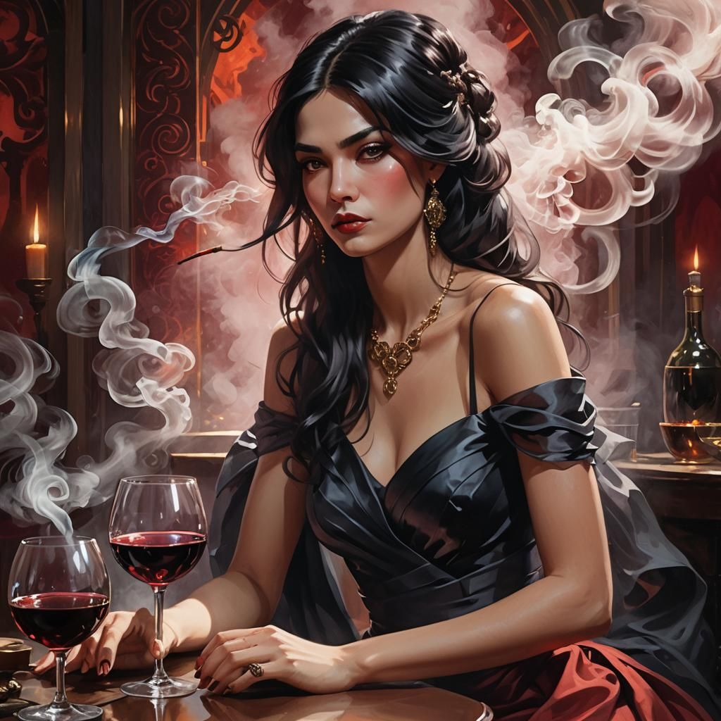a comely woman wrapped in an evening dress with long flowing...