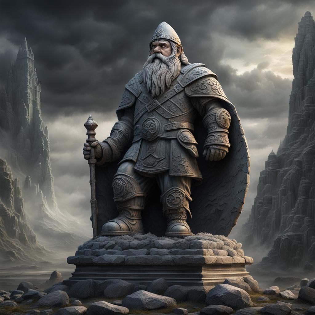 monumental sculpture of a standing dwarf made of gray stone, dark fantasy, rock plain, pilgrim, heroic, add a small inn at the foot of the s...