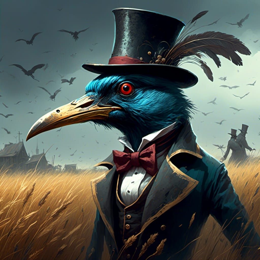 <lora:servo:1.0> a drawing of a plague bird wearing a top ha...