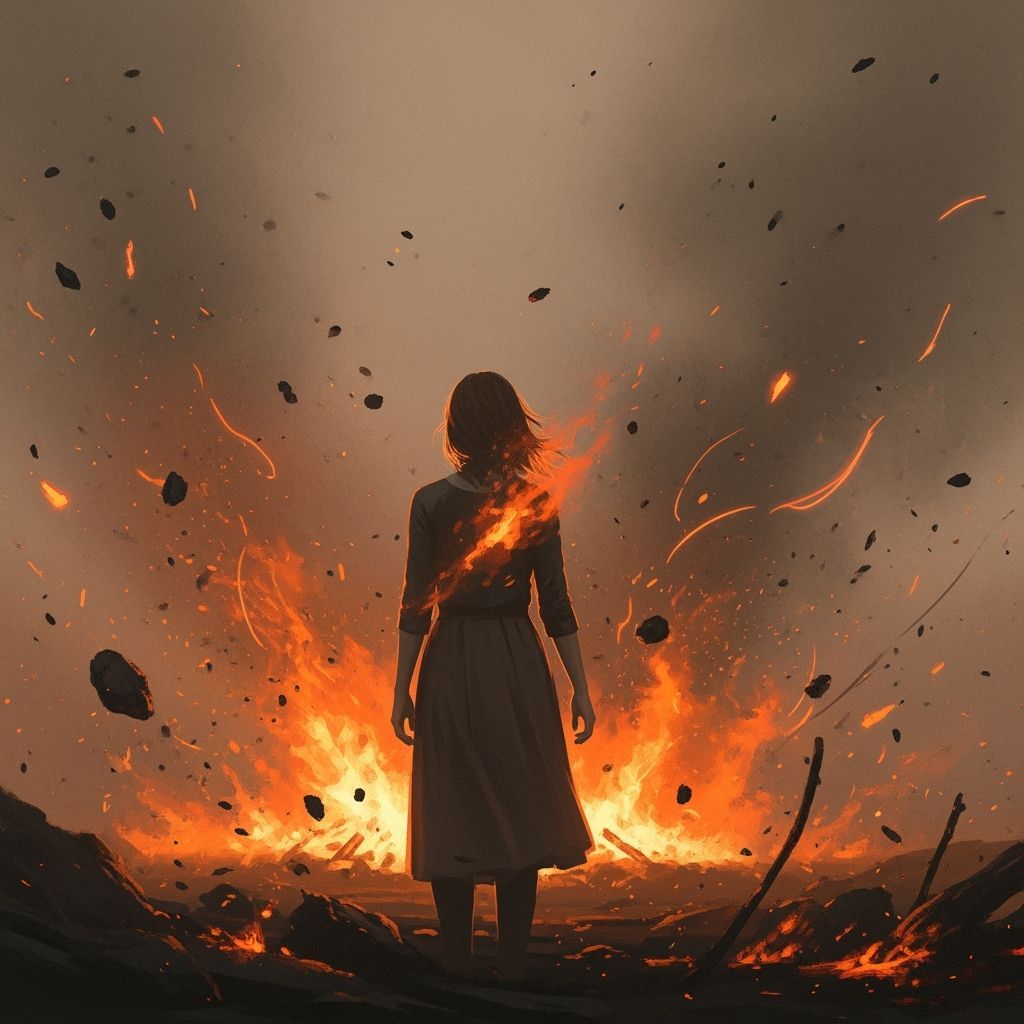 Woman Silhouetted by Fire in Digital Painting Style