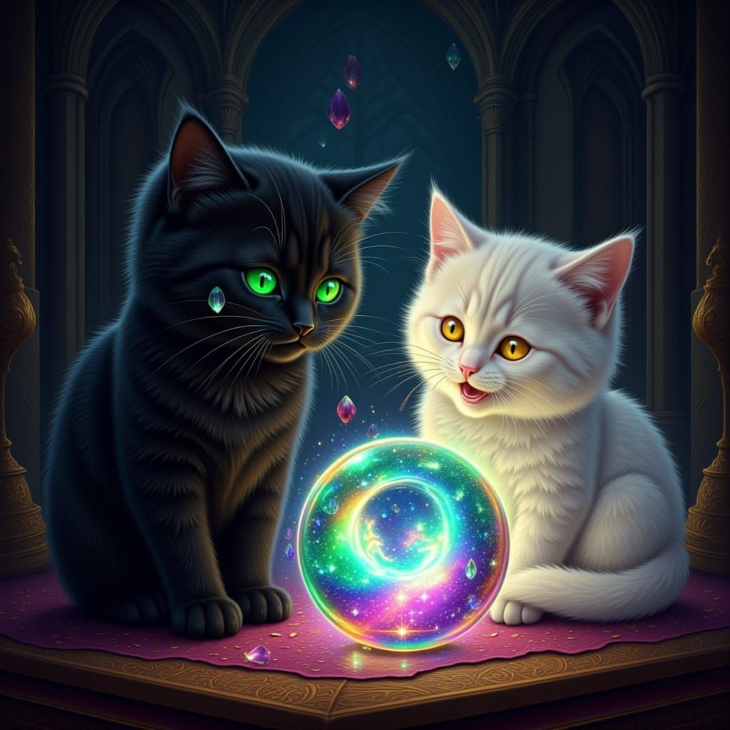 Albus the black cat with emerald green eyes, subla the white fur Kitten with golden eyes, morgana holding a crystal ball capturing Albus and...