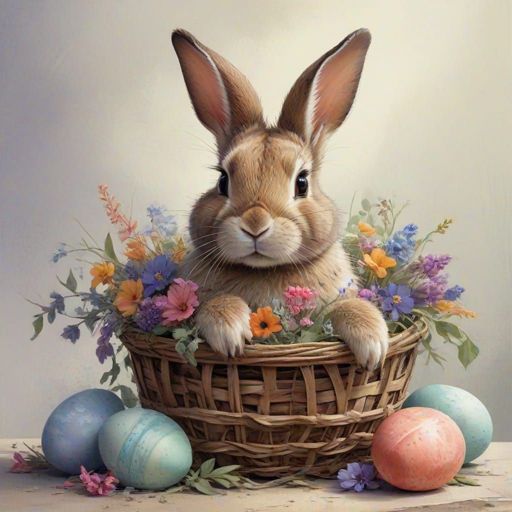 The center of the image is taken by an adorable bunny. This bunny is done in warm, soft brown tones with ...  by @Schoor