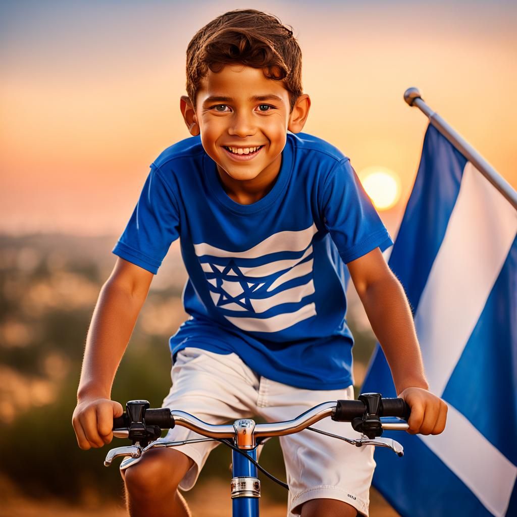 Boy on Bike with Israeli Flag at Sunset