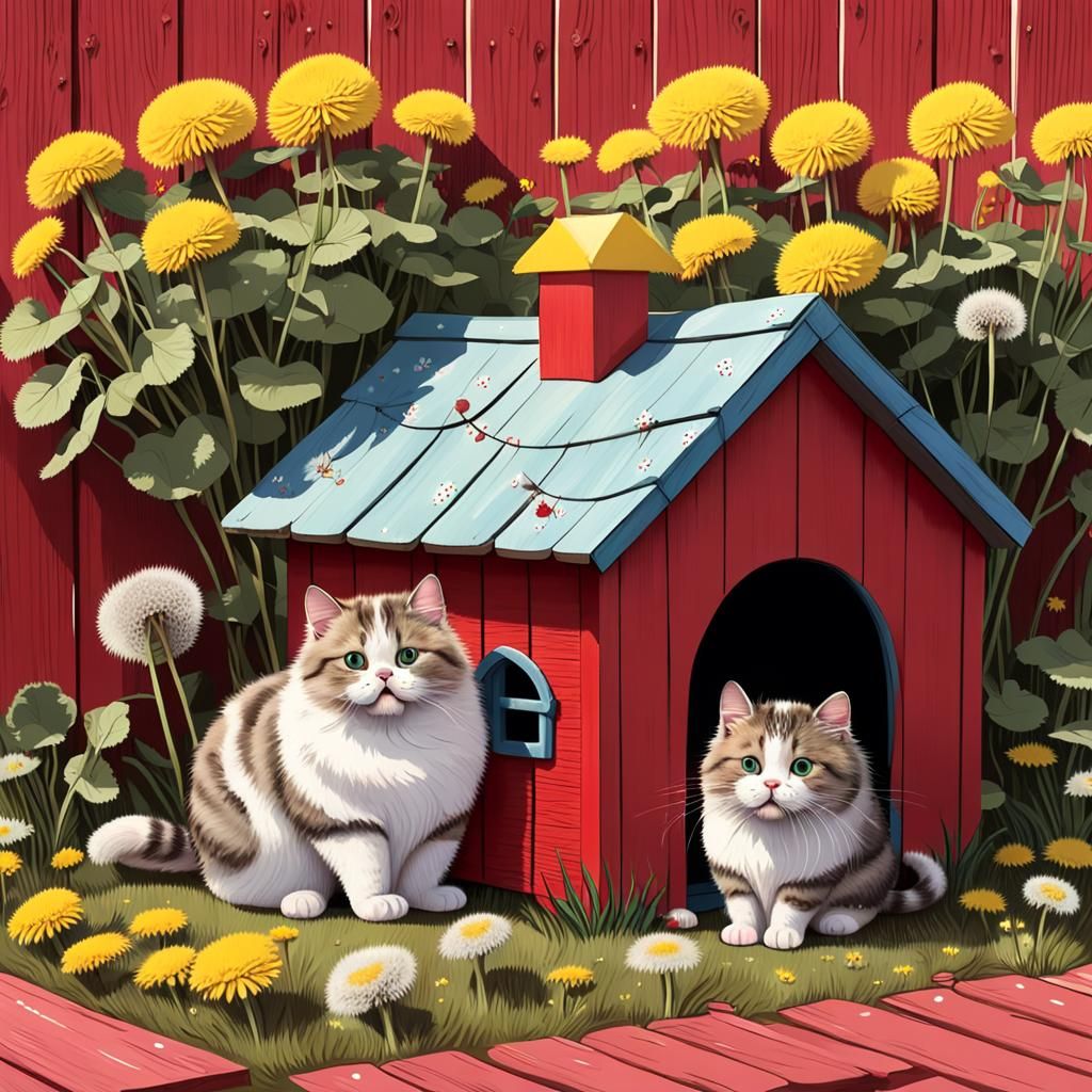 2 fluffy cats in front of red wood slat dog house surrounded...