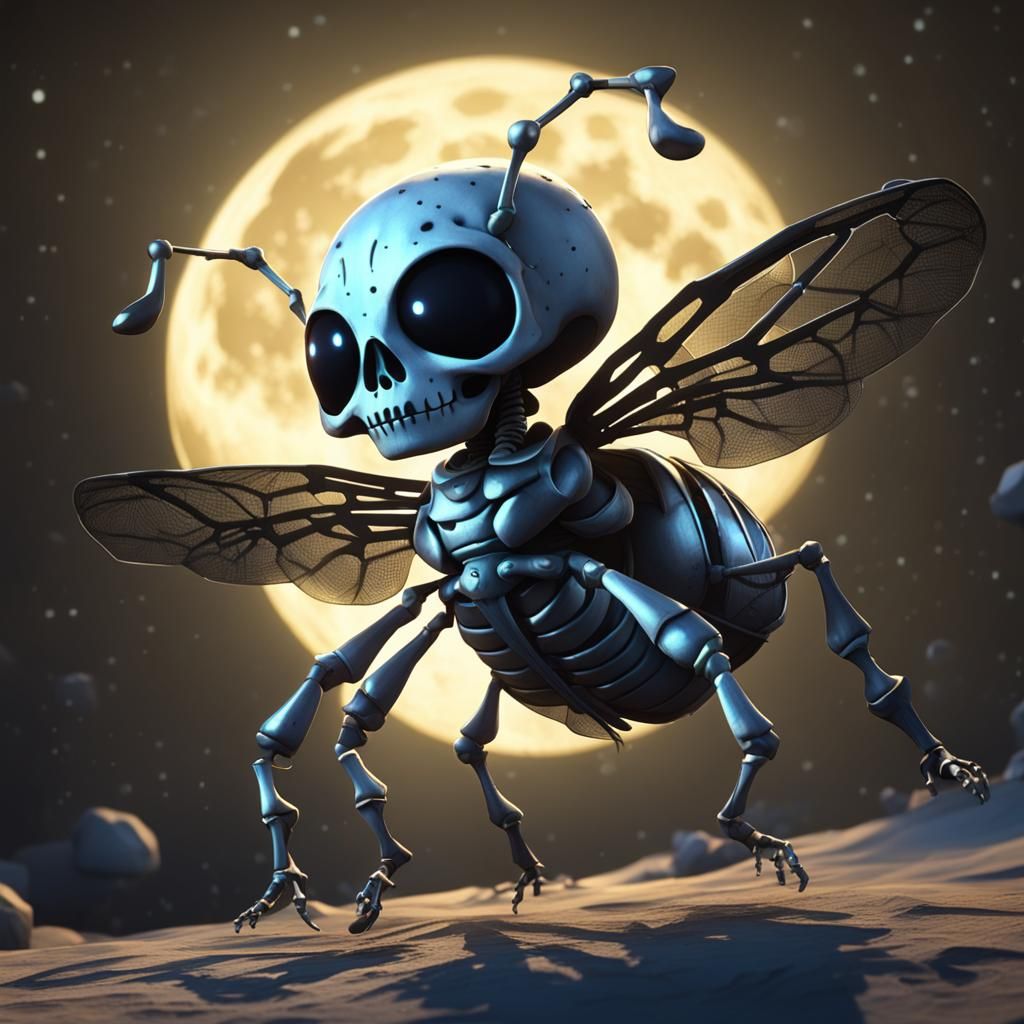 Skeleton baby beetle flying up full moon