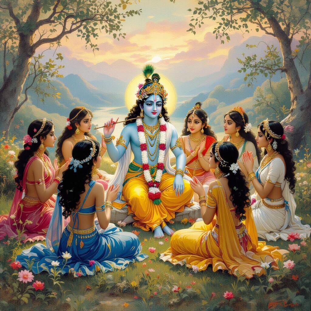 Krishna and Gopis in Dreamy Raja Ravi Varma Style